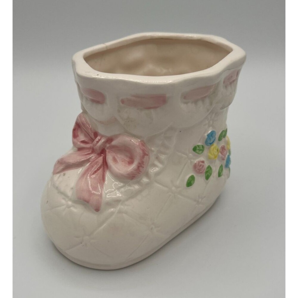 Vintage CMC 1989 Ceramic Baby Boot Planter Pink Bow Floral Nursery Decor